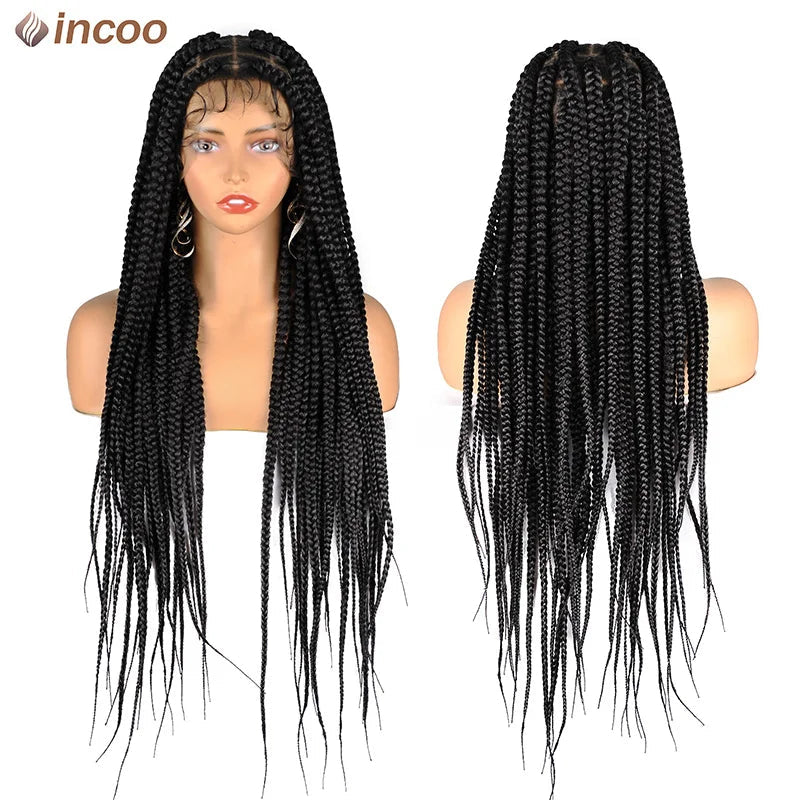 Synthetic Large Box Braided Wigs Jumbo Knotless Full Lace Front Wigs For Black Women Jumbo Tribal Braids Faux Locs Cornrows Wig Luxegan