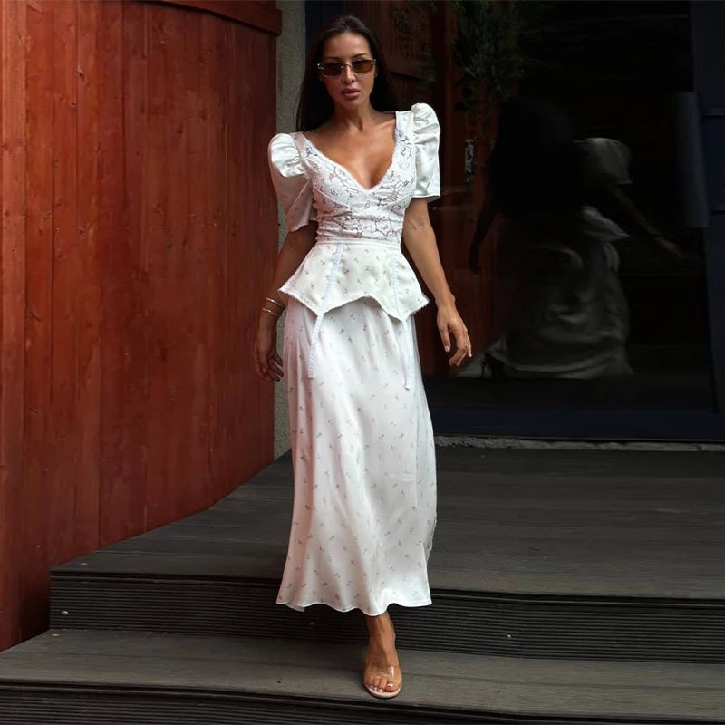 Organza Floral Printed Maxi Dress V-Neck  Puff Sleeve 2026 Spring/Summer Romantic Women Party Gown Fashion Elegant Lady Vestidos