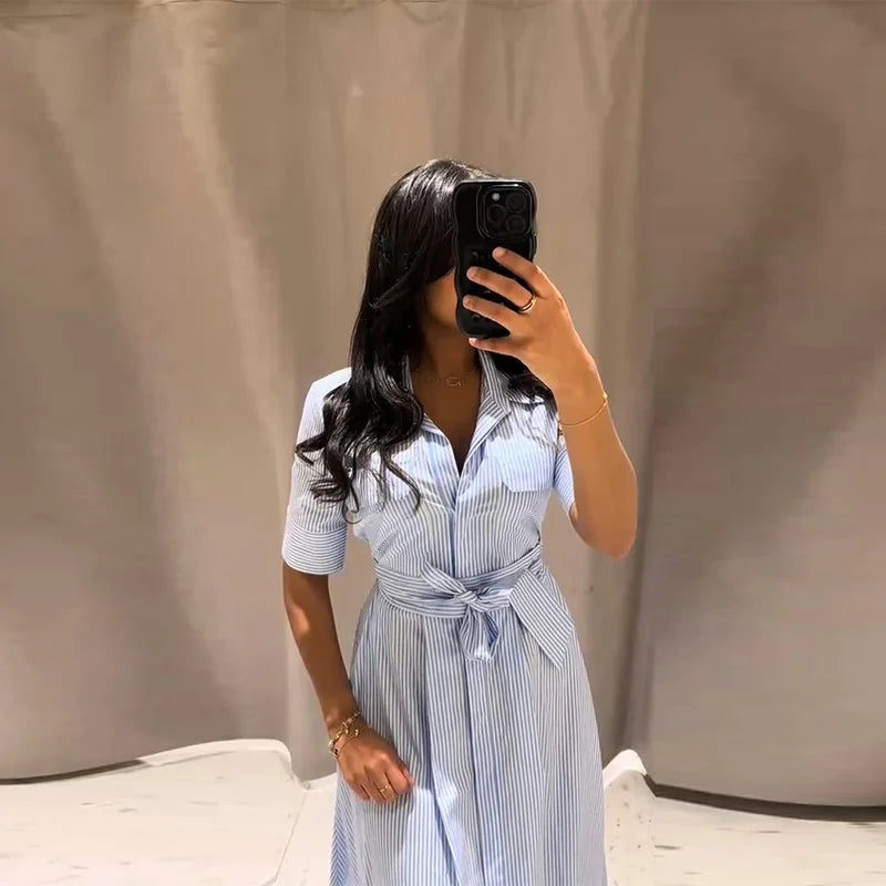 Striped & Solid Turn-Down Collar Half Sleeve Button Single-Breasted Regular Fit A-Line Mid-Calf Dress – Empire Waist, All Season Luxegan