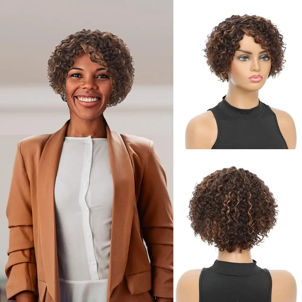  8-Inch Bouncy Curly Pixie Cut Wig | Side Part Brazilian Human Hair Luxegan