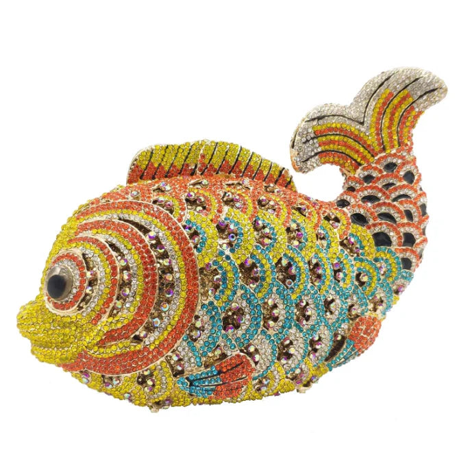 Women's Rhinestone Fish Evening Minaudiere Bag | Luxury Gold Stone Bridal Clutch Purse | Premium Metallic Hard Shell Wedding Handbag | Elegant Genuine Leather Lined Party Dinner Purse Model 01