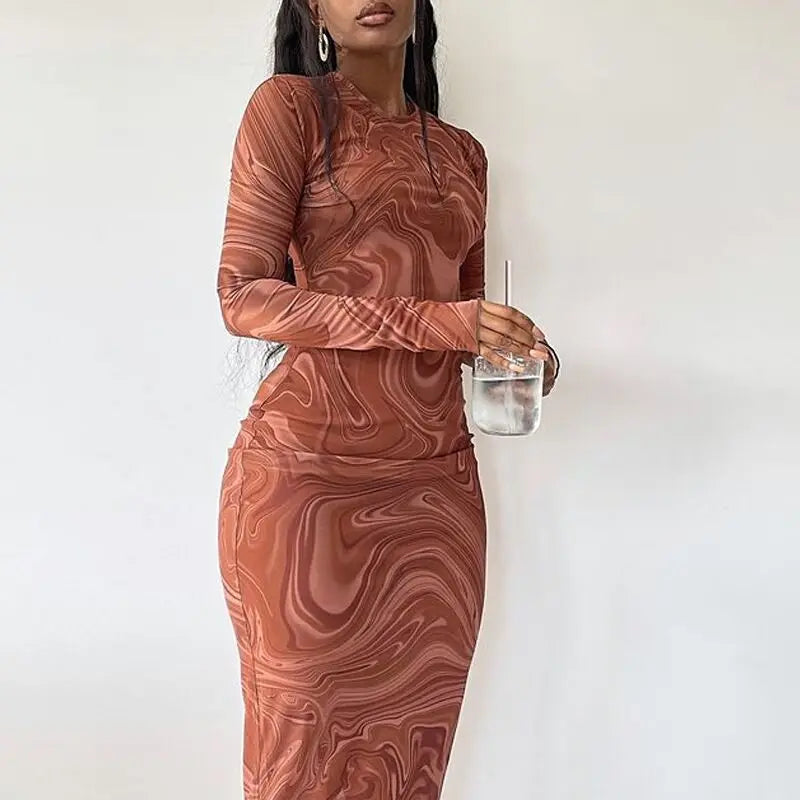 Printed Long Sleeve Slim Pencil Dress – Crew Neck, Ankle-Length, Autumn/Winter Luxegan