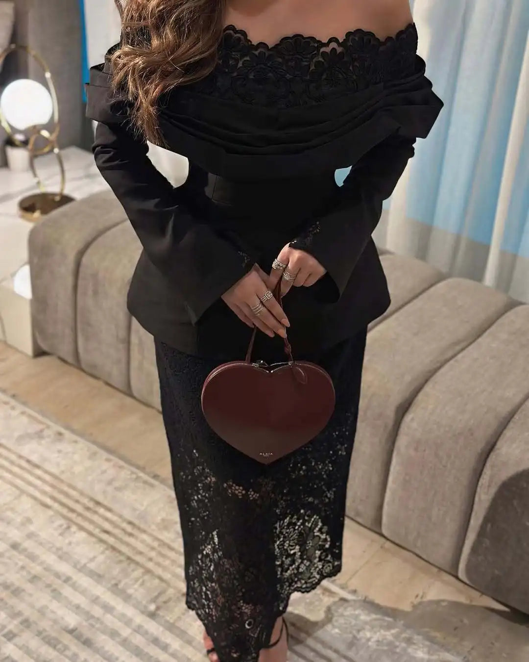 Lace-Trim Slash Neck Sheath Maxi Dress | Long Sleeve Slim Fit Ceremonial Dress Luxegan