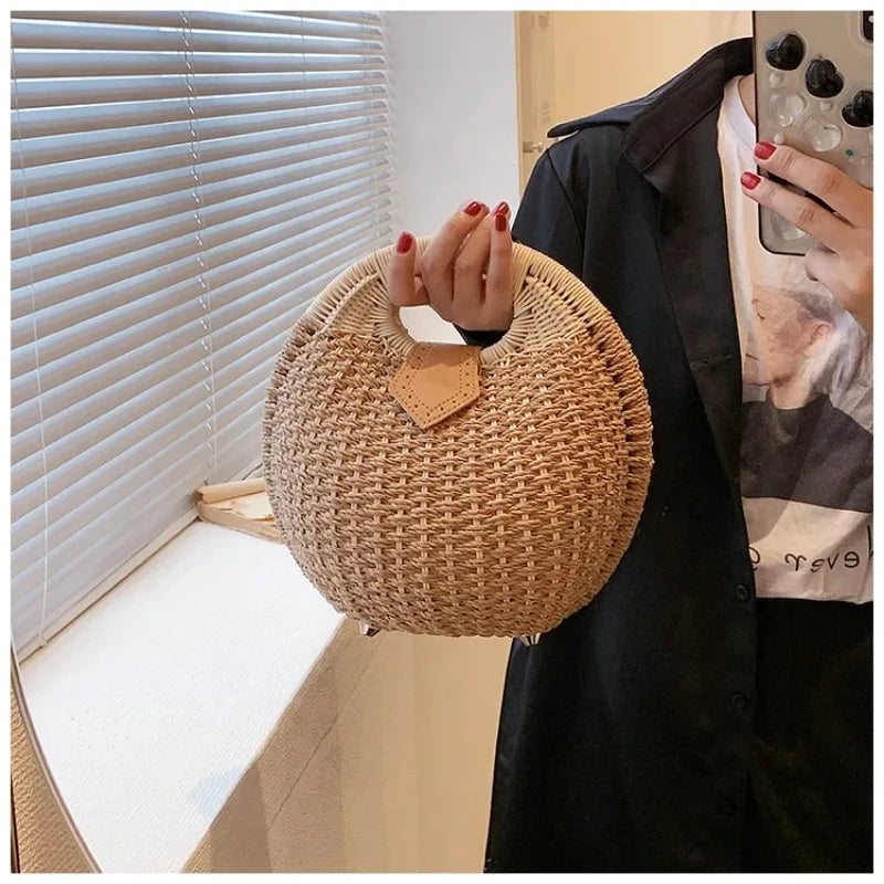 Straw & Rattan Circular Tote | Luxurious Designer Brand Summer Shoulder Bag Luxegan