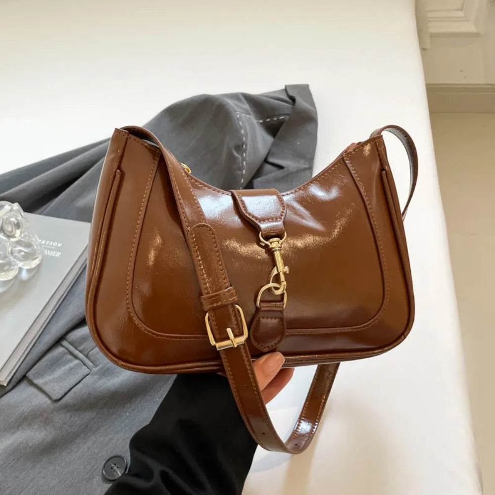 Elegant Patent Leather Shoulder Bag | Large Capacity Retro Armpit Bag | Smooth Solid Color Belt Buckle Clutch Handbag Luxegan