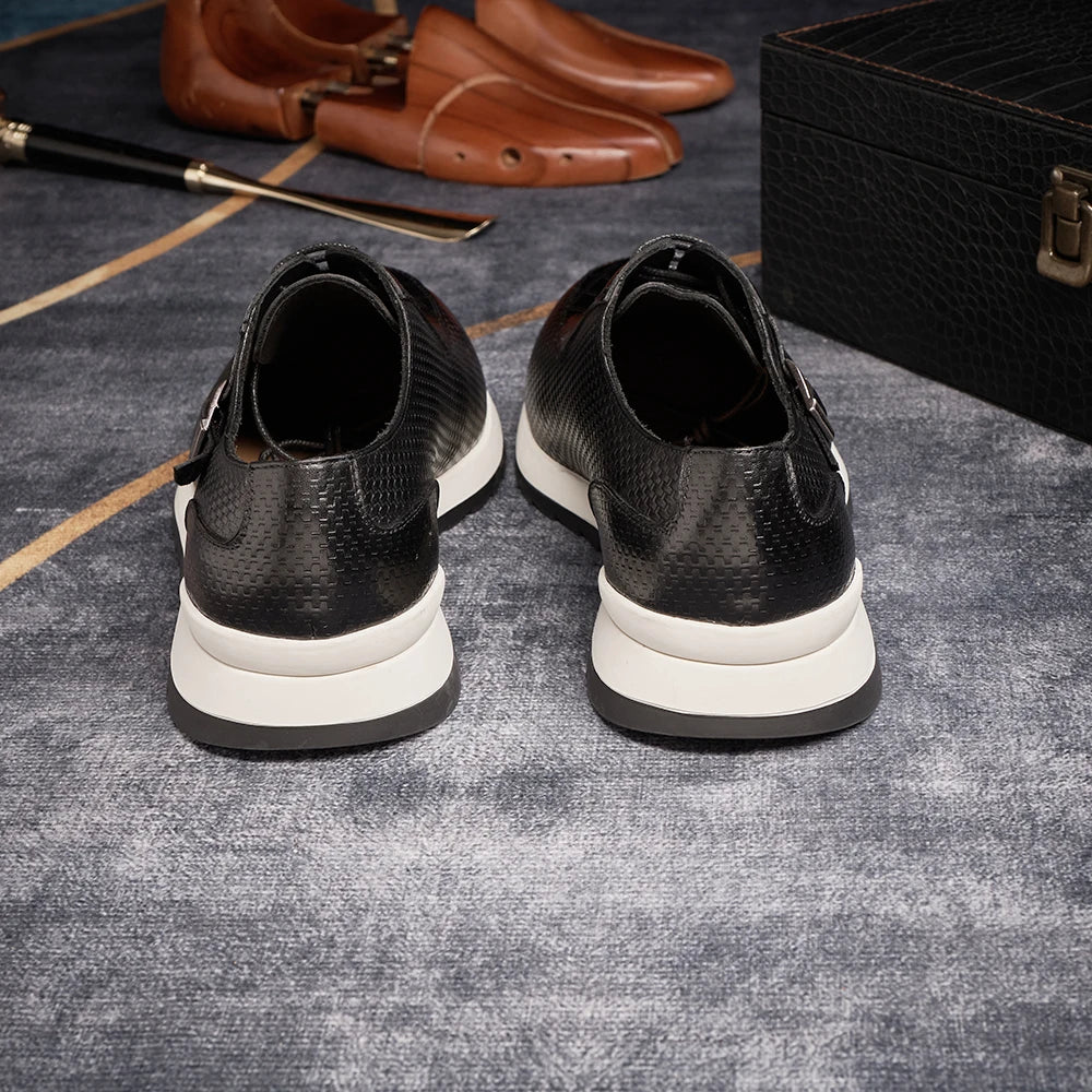Classic Metal Buckle Men's Sneakers | Sophisticated First Layer Cowhide Casual Footwear | Elegant "T-Tied" Silhouette | "Dignified" Height-Increasing Leather Shoes for Radiant Versatile Office & Party Styling Luxegan
