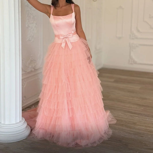 ow Tiered A-Line Evening Gown | Square Collar Sleeveless Floor-Length Prom Dress Luxegan