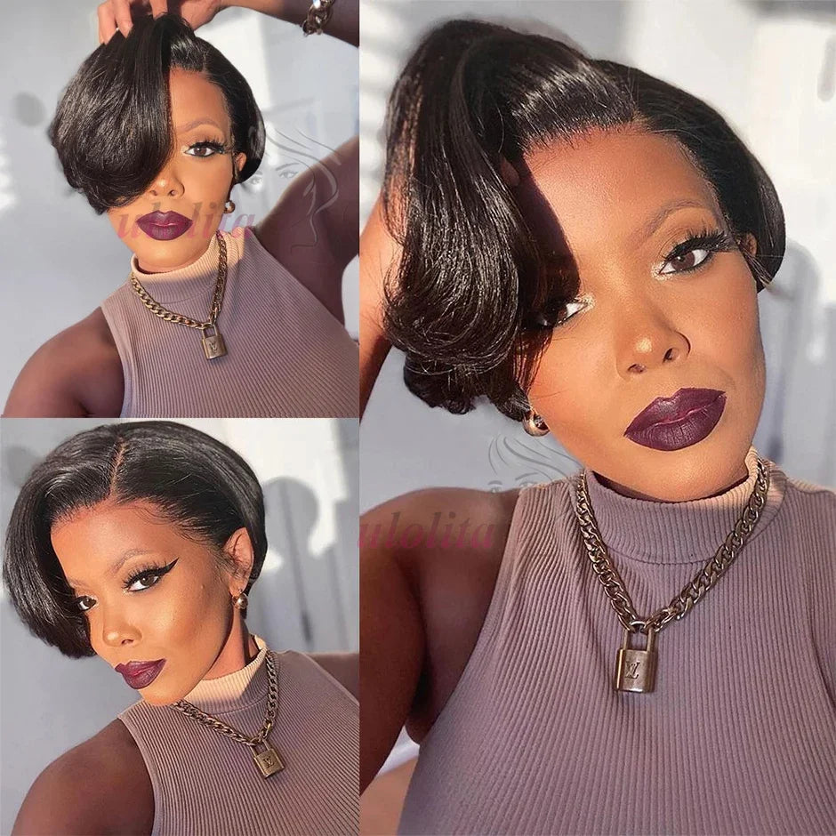 Short Bob Wig Pixie Cut Wig Straight Human Hair Wig 13X4 Transparent Lace Frontal Wig For Women Highlight Straight Pixie Cut Wig