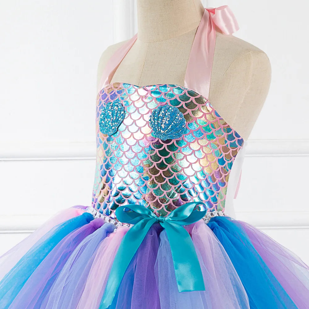 Kids Girls Cosplay Party Dress Princess Dress Up Mermaid Tulle Tutu Dresses Theme Birthday Party Costume with Flower Headband
