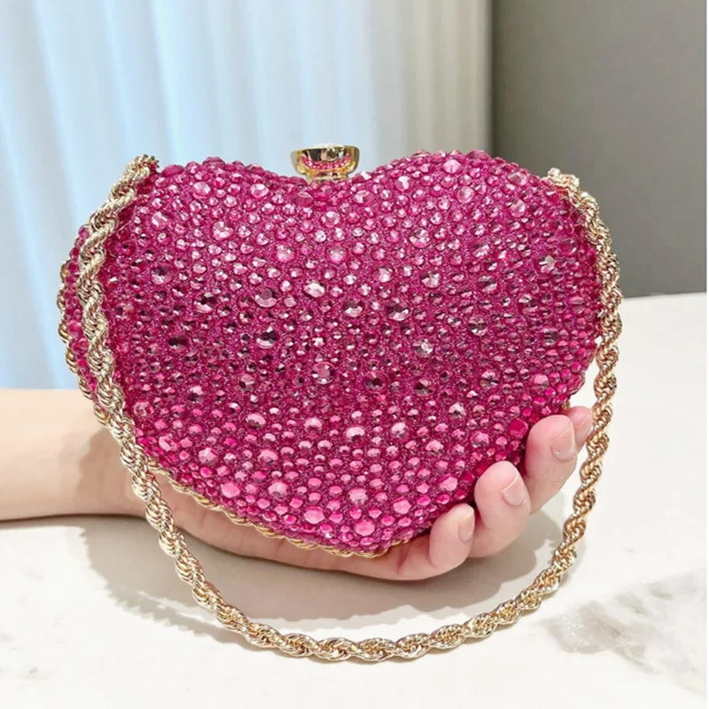 Luxury Diamond Inlay Heart-Shaped Clutch | Sparkling Crystal Wedding & Party Purse | High-End Rhinestone Evening Shoulder Bag | Designer Beaded Messenger Bag for Women Luxegan