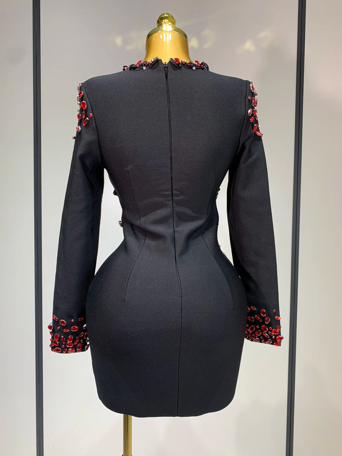 Women's Black Long Sleeve V-Neck Rhinestone Bandage Dress Luxegan