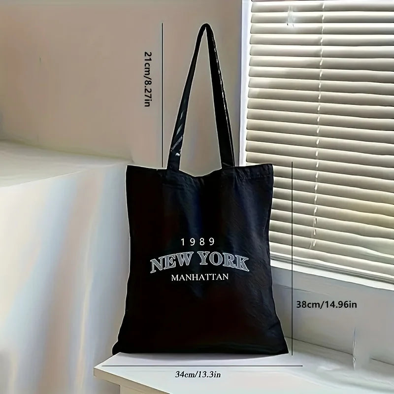 New York Print Women's Canvas Tote Bag | Classic Large Capacity Shopper | Sustainable Square Canvas Shoulder Bag & Handbag Luxegan