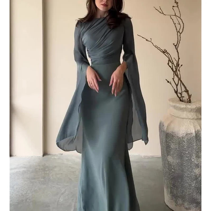 Solid Round Neck Batwing Sleeve Folded Detail Slim Fit A-Line Ankle-Length Dress – Autumn Luxegan