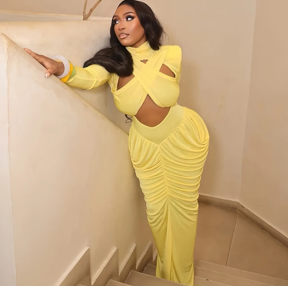 High Neck Long Sleeve Hollow-Out Ruched Fit & Flare Maxi Dress | Sexy Streetwear Party Birthday Dress Luxegan