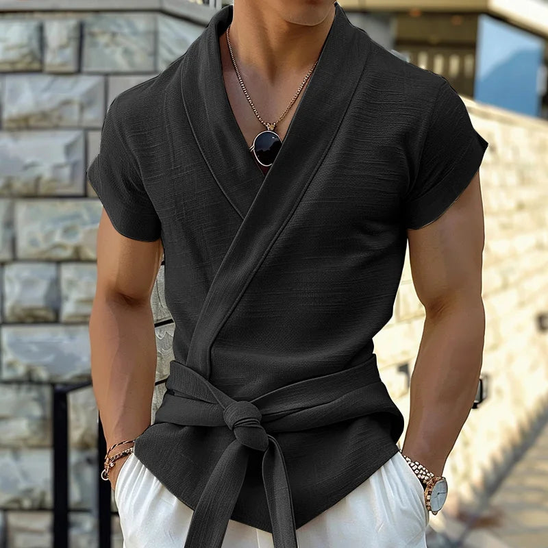 Lace-Up V-Neck Casual Tee | Sophisticated Short-Sleeve Summer Silhouette | Elegant "Lace-Up" Streetwear Fashion | "Dignified" Solid Broadcloth Top for Radiant Versatile Styling Luxegan