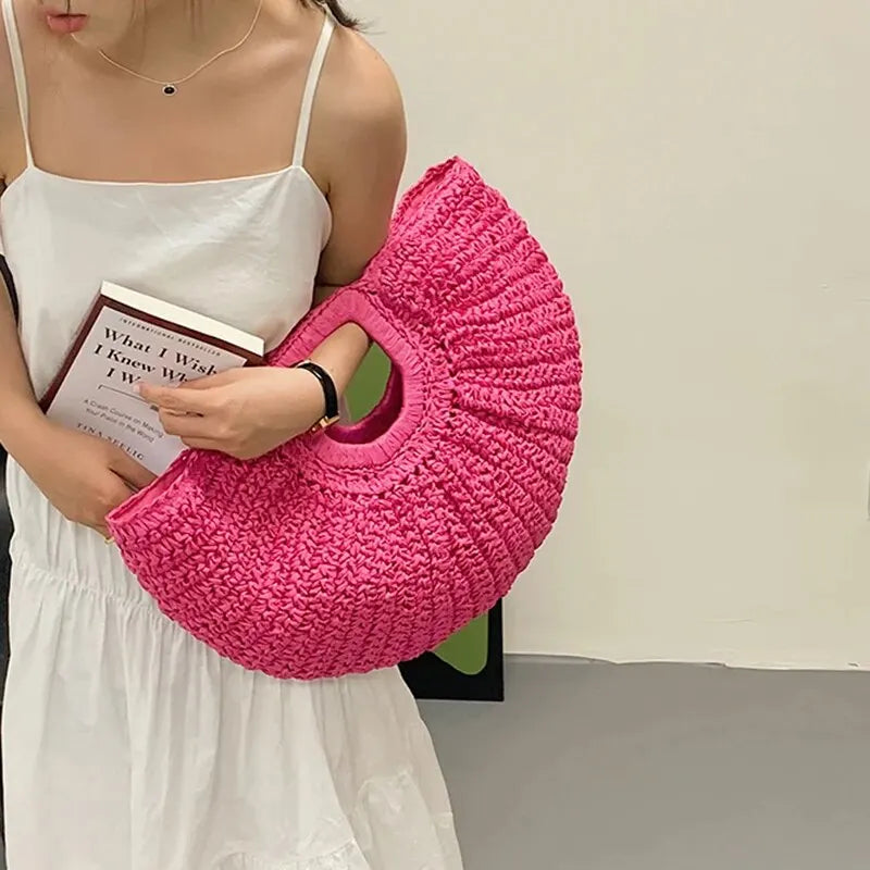 Summer Half-Moon Straw Beach Handbag | Sophisticated Handmade Rattan Handle Tote | Elegant Knitted Bohemian Shoulder Bag | Luxury Fashion-Forward Vacation Purse with "Dignified" Artisan Texture Luxegan