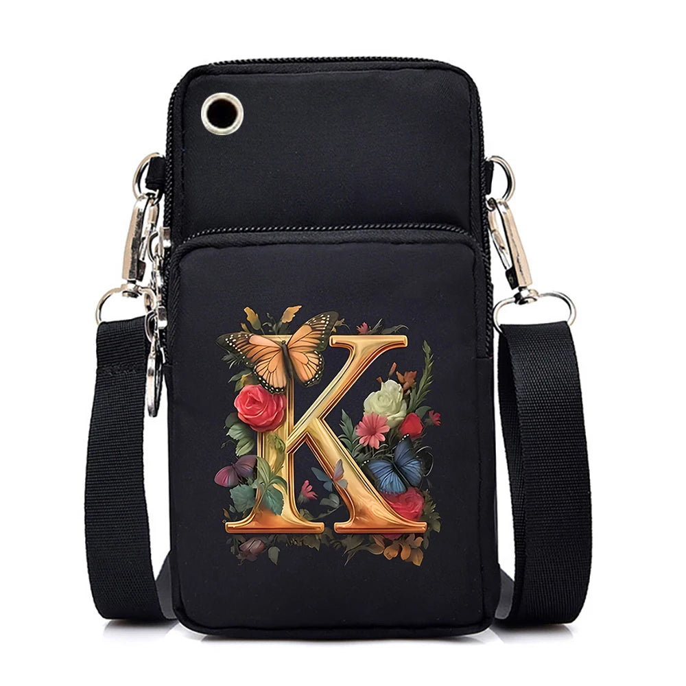 Women’s Small Crossbody Mobile Phone Bag | Sophisticated Vintage Flower & Alphabet Purse | Elegant Mini Messenger with Soft Leather Strap | Fashion-Forward Cartoon Applique Shoulder Bag (Model 858) Luxegan