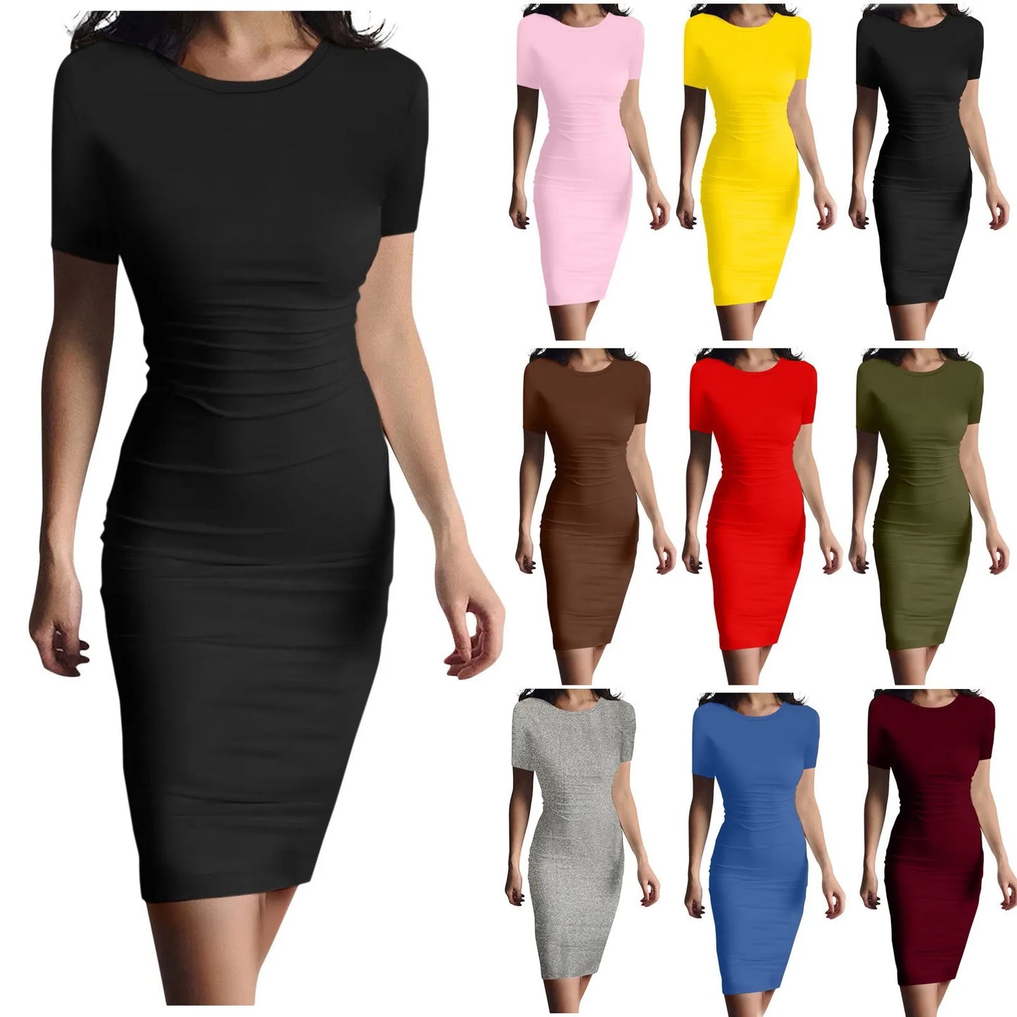 Women's Summer Tank Robe Casual Mini Dress | Sexy High-Stretch Short Sleeve Pencil Dress | Elegant Thin Solid Color A-Line Vestido | Spring O-Neck Applique Dress Model 1 Luxegan
