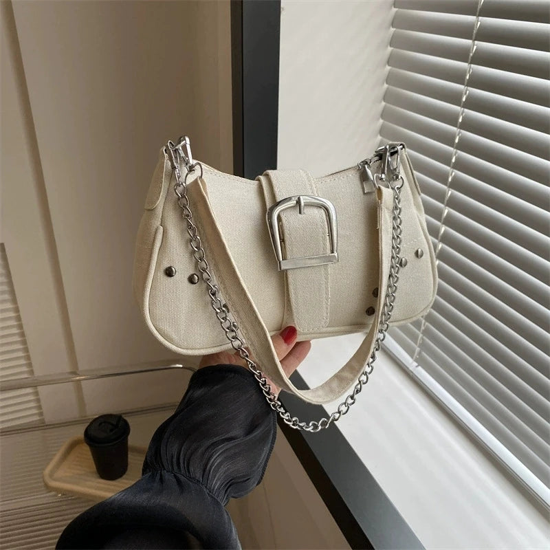 Denim Solid Casual Tote | Soft Chic Sequined Chain Underarm Shoulder Bag Luxegan