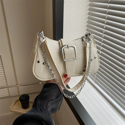 Denim Solid Casual Tote | Soft Chic Sequined Chain Underarm Shoulder Bag Luxegan