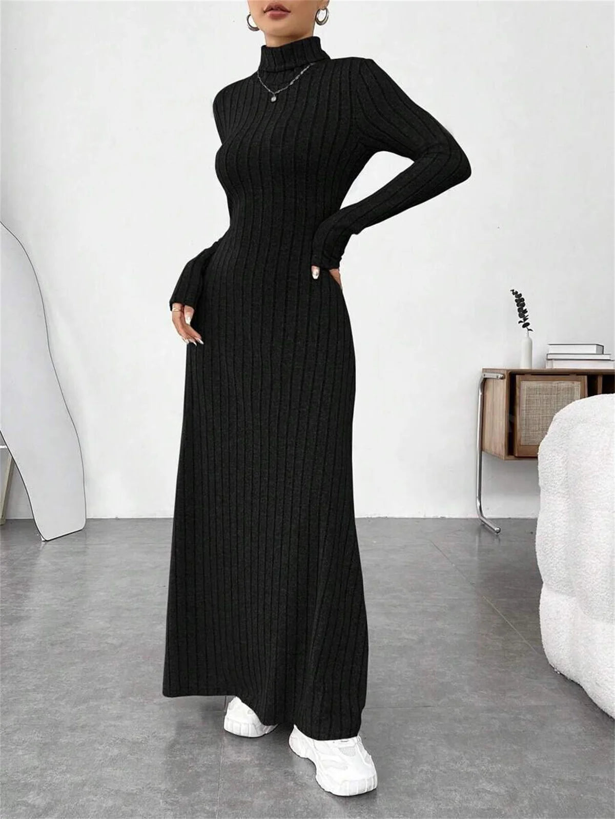 Vintage Knitted Turtleneck Long Dress | Sophisticated Slim Fit Ankle-Length Straight Gown | Elegant "Full Sleeve" Silhouette | "Dignified" Street Fashion Pullover Dress for Radiant Versatile Autumn & Winter Styling Luxegan