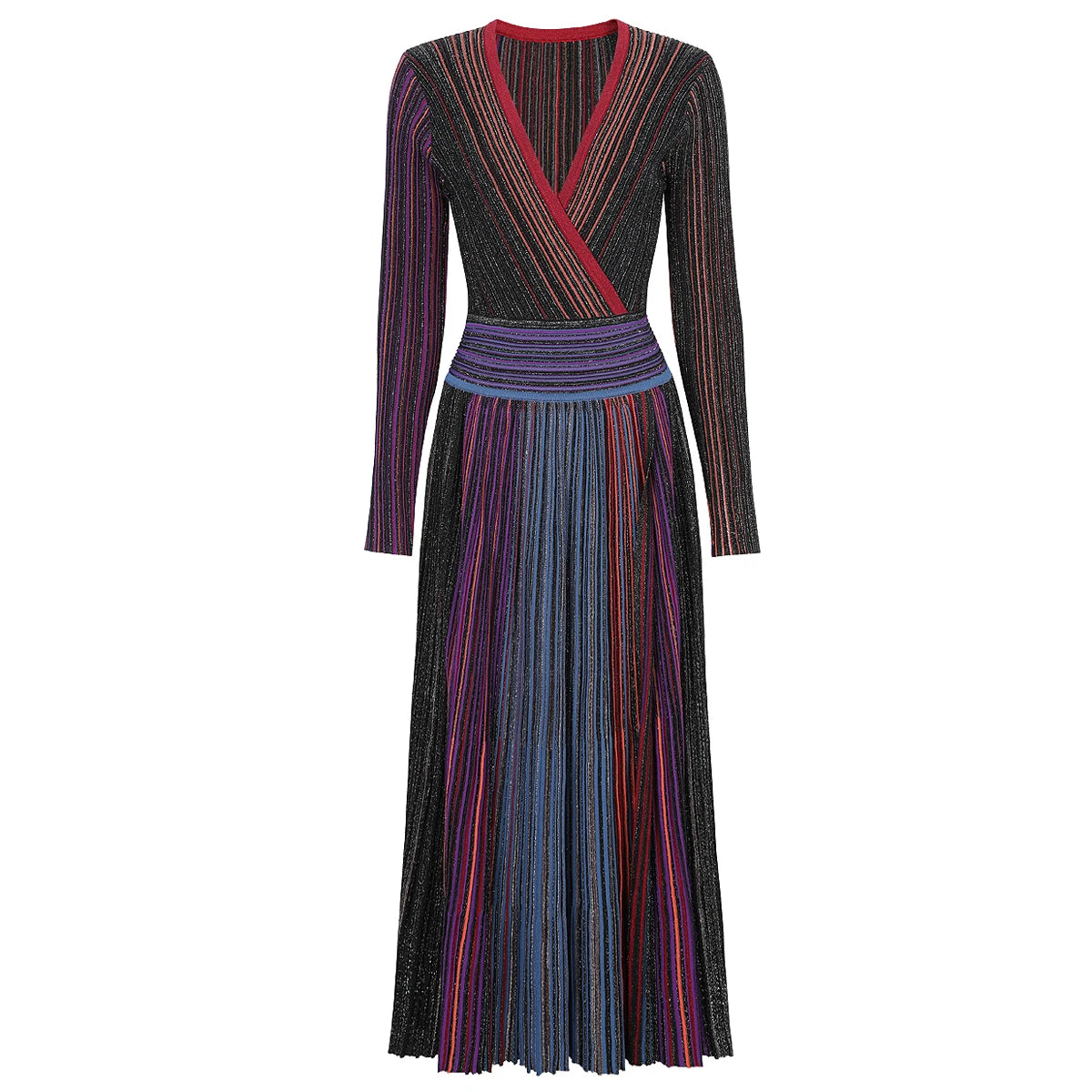 Women's Autumn Elegant Knitted Commuting Dress | Slim Fit V-Neck Long-Sleeve Maxi Gown | Fashionable Temperament Rainbow Pleated Dress | Premium Medium Stretch Ankle-Length Office Lady Knitwear Luxegan