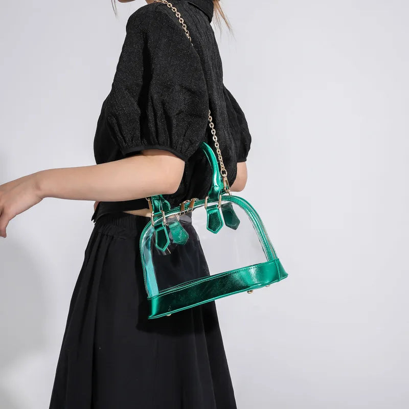 Transparent Jelly Women's Clutch Handbag | PU Leather Top Handle Metal Chain Crossbody Shoulder Tote Bag (Casual Messenger Purse) Luxegan