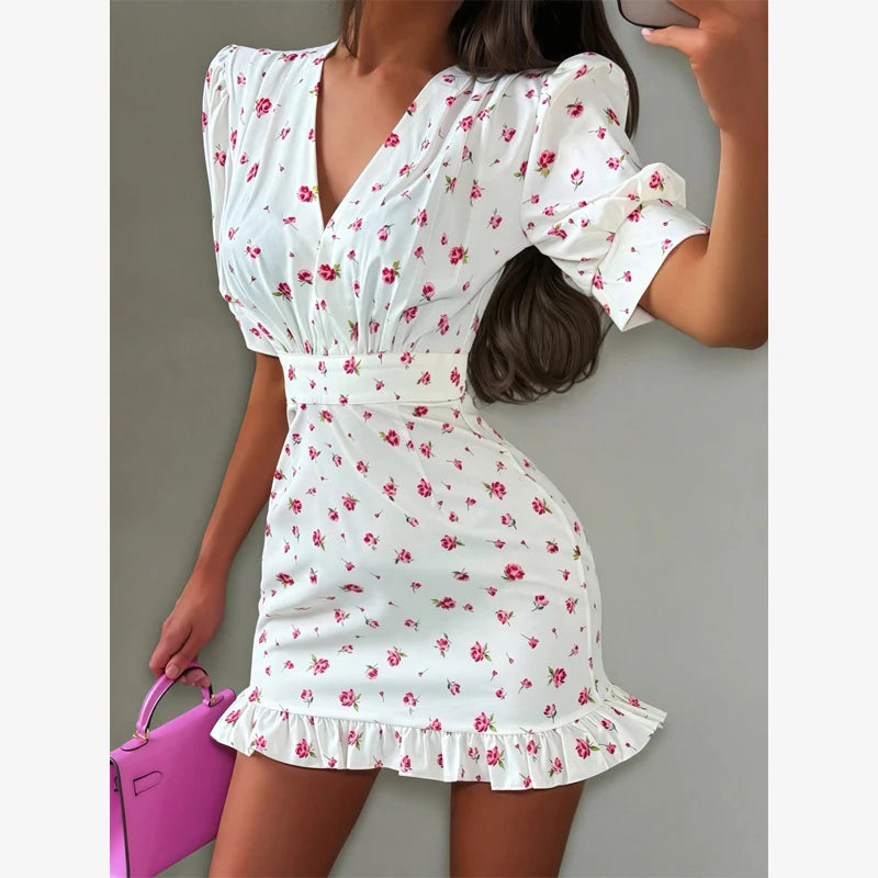 Print V-Neck Short Puff Sleeve Slim Fit Sheath Mini Dress – Natural Waist, Summer Luxegan