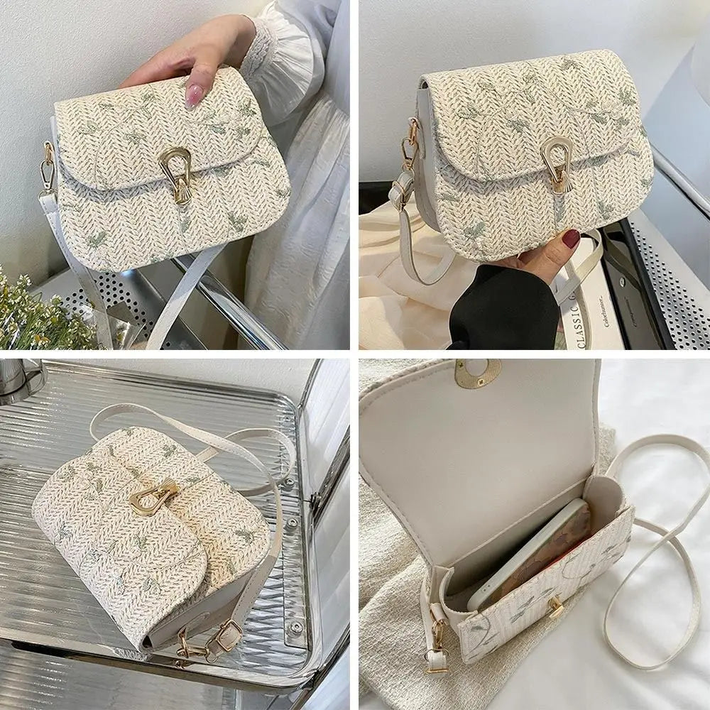 Flower Woven Saddle Bag | Cute Straw & Lace Embroidery Handbag Luxegan