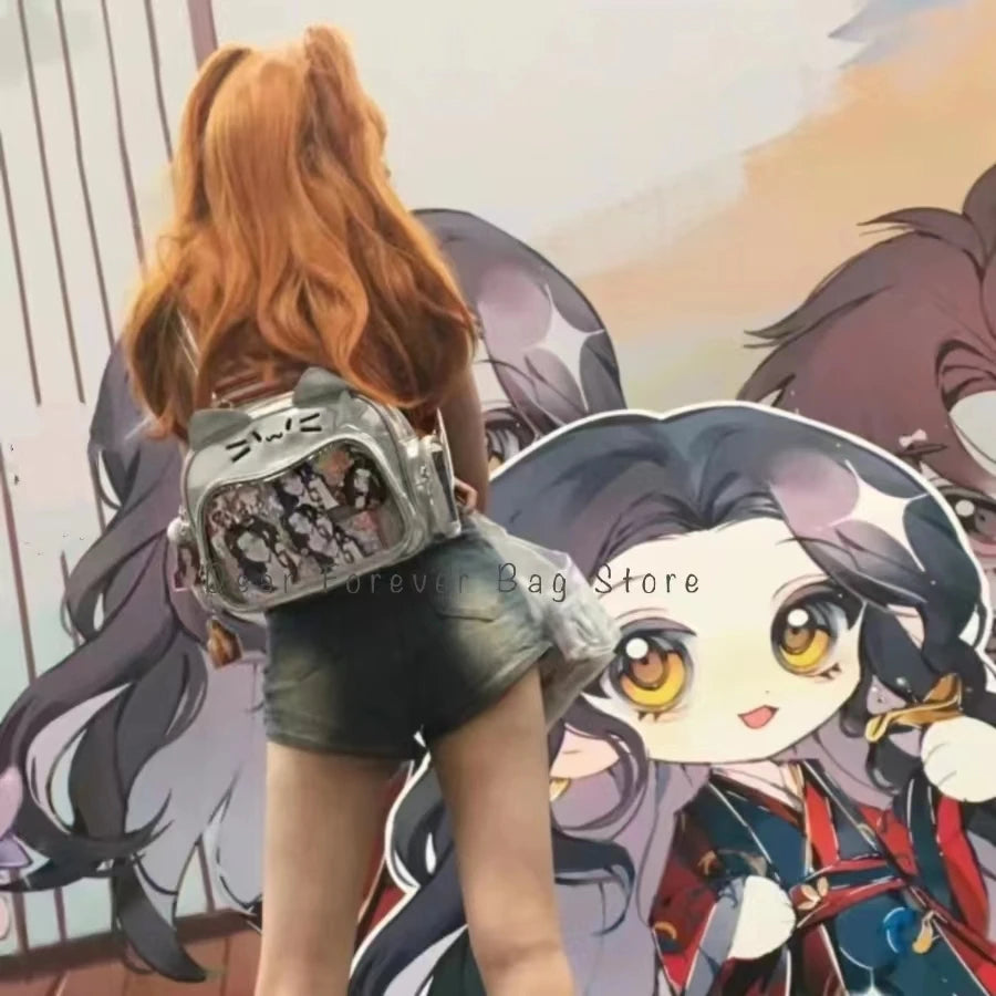 New Y2K Korean Kawaii Cat Ita Bag | Cute Transparent Window PU Shoulder Bag | Harajuku Crossbody & Fashion Backpack for Girls (Model 180) Luxegan