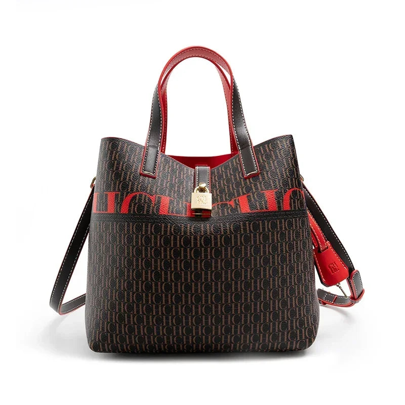 Exquisite Flower Printed Women's Large Capacity Handbag | Luxury Floral Messenger Bag with Applique Details | Fashion Design PVC Leather Bucket Bag Luxegan