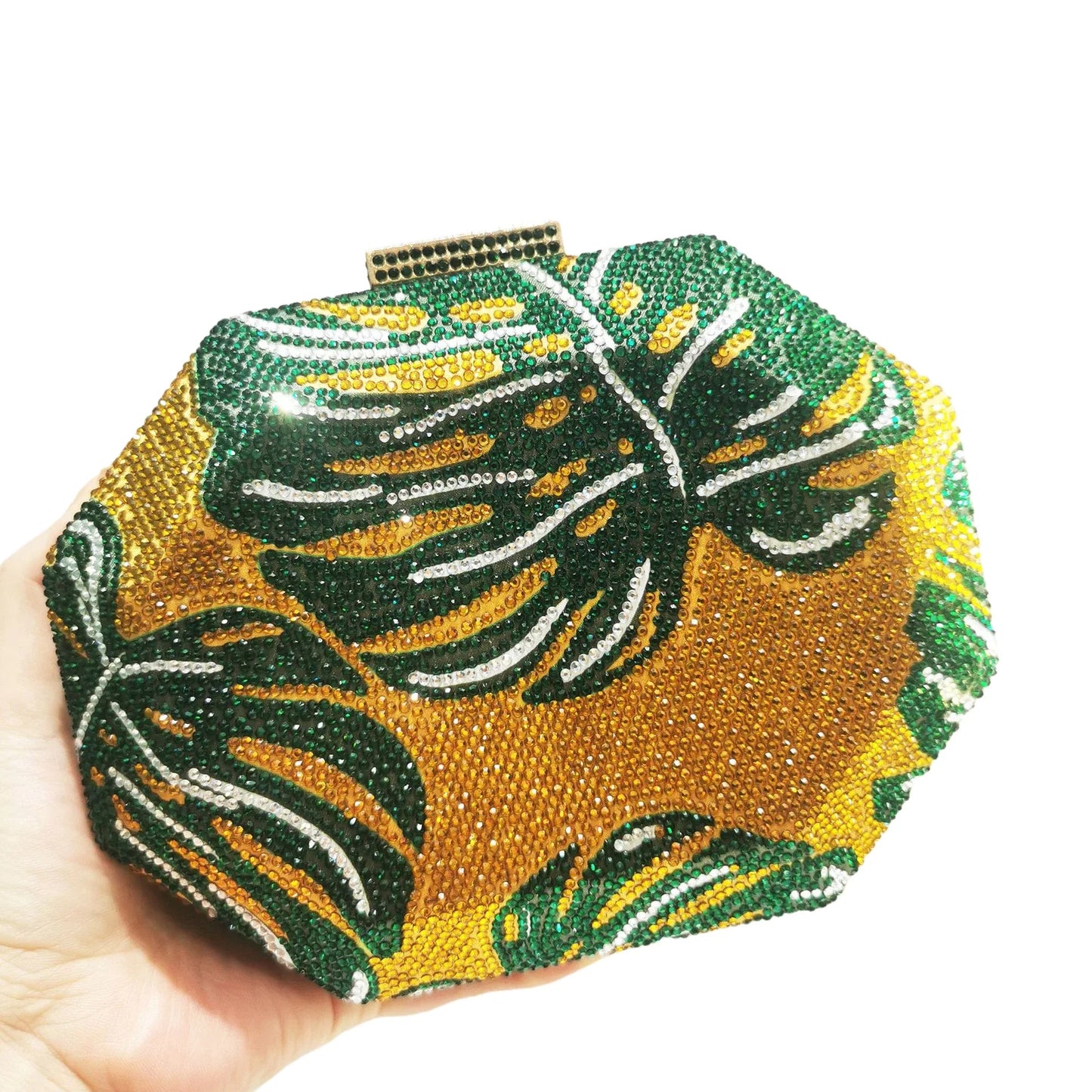 Green Leaf Diamond Evening Bag | Sophisticated Gold-Tone Crystal Wedding Clutch | Elegant Rhinestone Prom Handbag | "Dignified" Hard-Shell Floral Minaudière for Formal Party Styling Luxegan