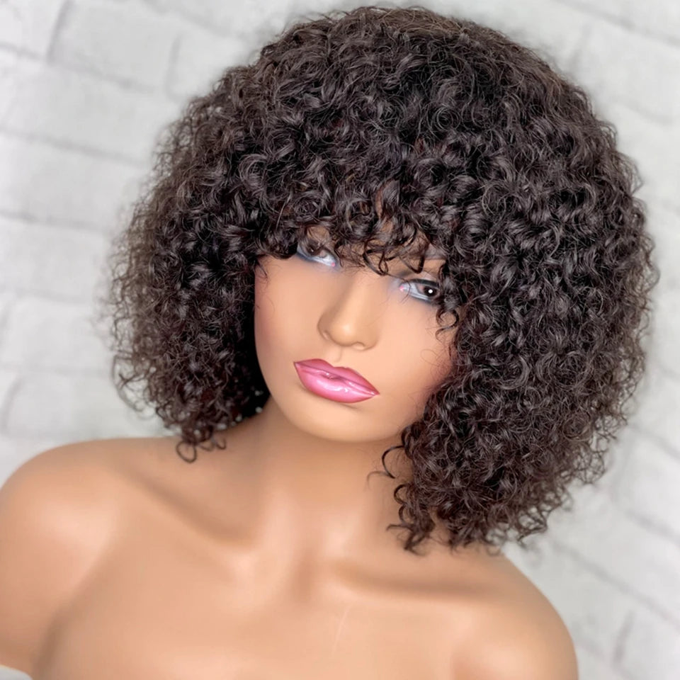 Ginger Honey Blonde Jerry Curly Short Pixie Bob Cut Wig with Bangs - Full Machine-Made Glueless Human Hair Wig - 100% Brazilian Remy Orange Brown Fringe Wig for Black Women (4-16 Inch) Luxegan