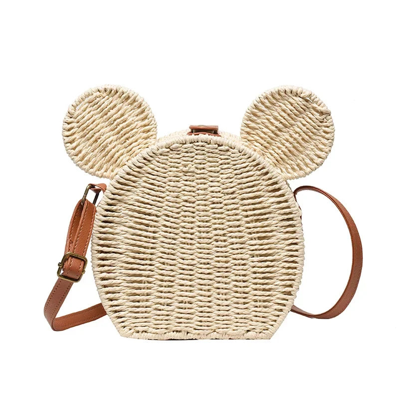 Disney Ladies Designer Straw Fancy Bag | Cute Mickey Mouse Rattan Travel Beach Shoulder Bag | Small Round Vacation Handbag