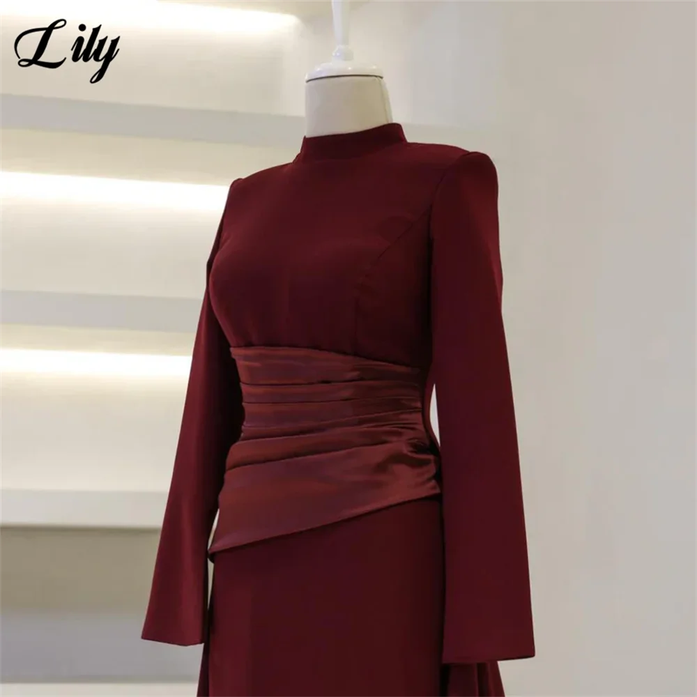 Lily Burgundy Elegant Prom Dresses High-Neck Long Sleeves Mermaid Evening Dresses Satin Muslim Formal Gowns Dubai  Customized