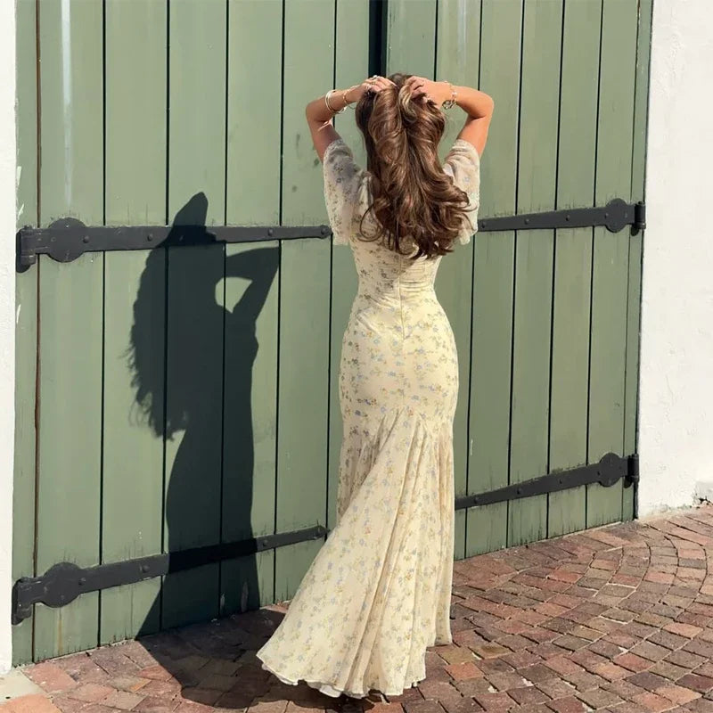 Flutter Sleeves Slim Long Dress Women Casual Pleated Deep V-neck Floral Print High Waist Dresses 2026 Lady Summer Holiday Wear