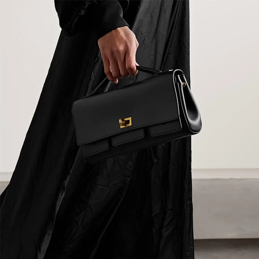 Genuine Leather Solid Satchel | Soft Black Lock Design Shoulder Crossbody Bag Luxegan