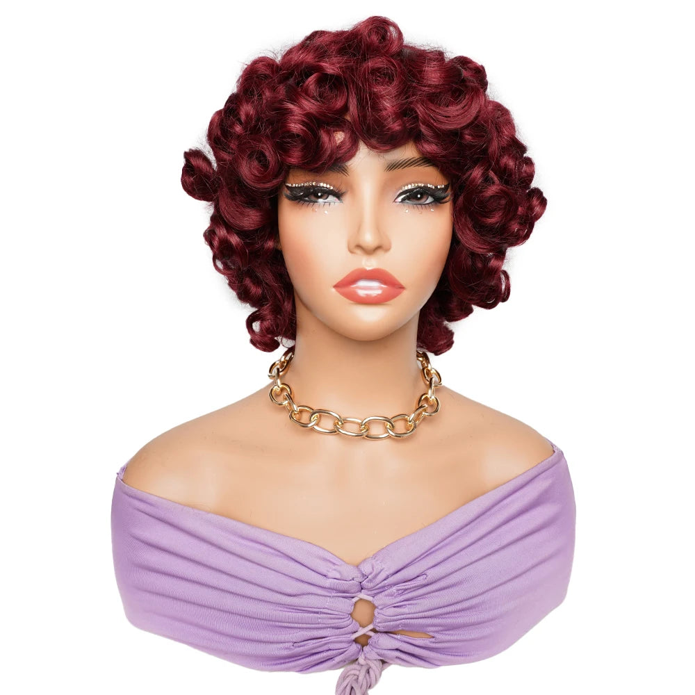 10-Inch Loose Wave Short Bob Human Hair Wig - 250% Density Full Machine-Made Glueless Wig - 100% Indian Remy Human Hair natural Color, Brown & Burgundy (#99J) Wig for Women Luxegan