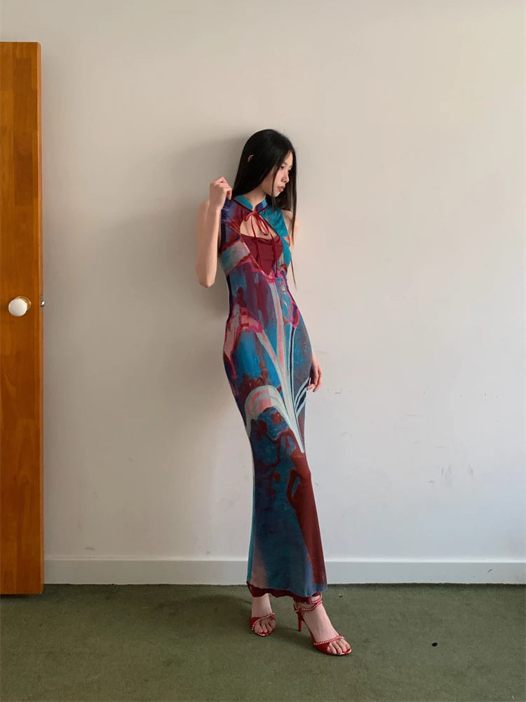 Women's Designer Floral Summer Midi Dress | Elegant Mandarin Collar Sleeveless A-Line Gown | Premium Patchwork Bodycon Tunic Party Dress | Regular Fit Mid-Calf Empire Waist Vestido Luxegan