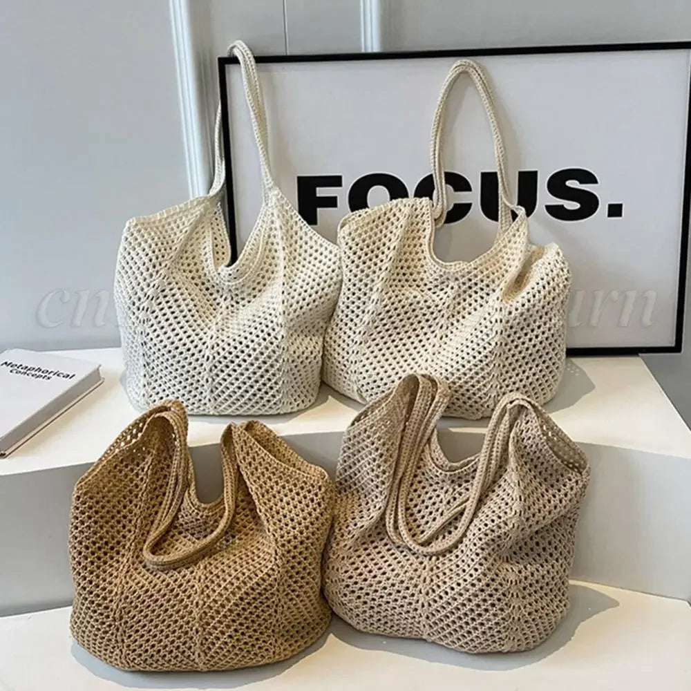 Fashionable Women’s Open-Weave Shoulder Bag | Large Capacity Knitted Underarm Bag | Minimalist Crochet Handbag | Summer Mesh Beach Bag for Vacation & Leisure Luxegan
