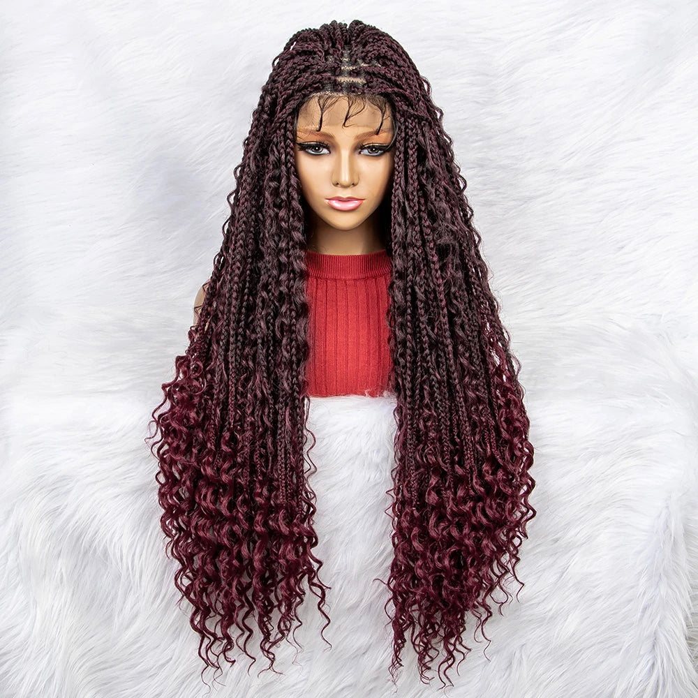 Curly End Box Braids Lace Frontal Wig with Baby Hair | Synthetic Full Lace Braided Wig for Black Women Luxegan