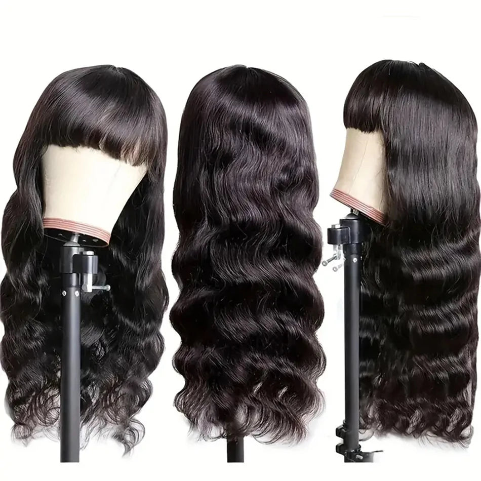 12A Grade Peruvian Body Wave Human Hair Wig with Bangs | Fully Machine-Made Glueless Fringe Wig | Premium Remy Human Hair Clearance Sale Wig for Women Luxegan