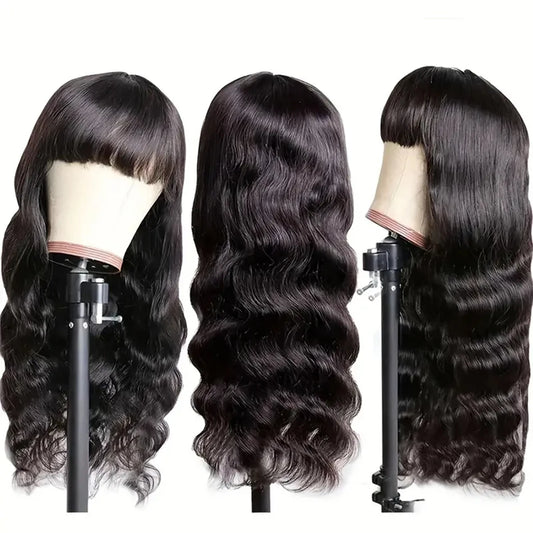 12A Grade Peruvian Body Wave Human Hair Wig with Bangs | Fully Machine-Made Glueless Fringe Wig | Premium Remy Human Hair Clearance Sale Wig for Women Luxegan