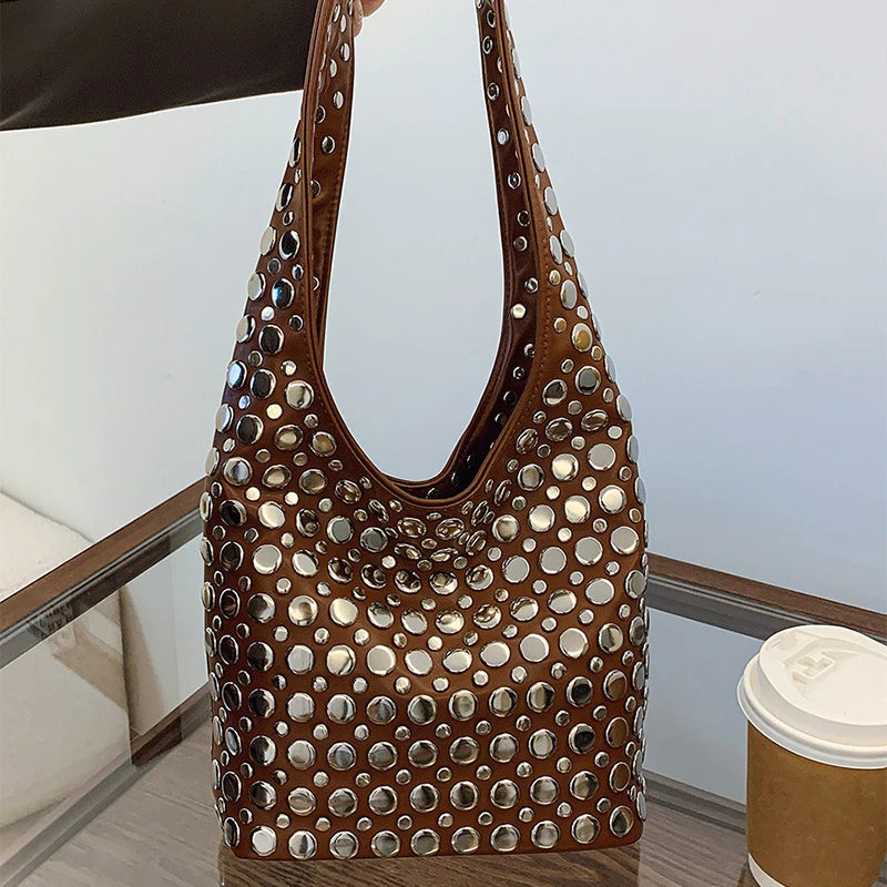 Women's Fashion Punk Metal Rivet Bucket Bag | High-End PU Suede Underarm Shoulder Tote | New Retro Trendy Motorcycle Handbag | Premium Solid Color Shoulder Bag with Hasp Closure Luxegan