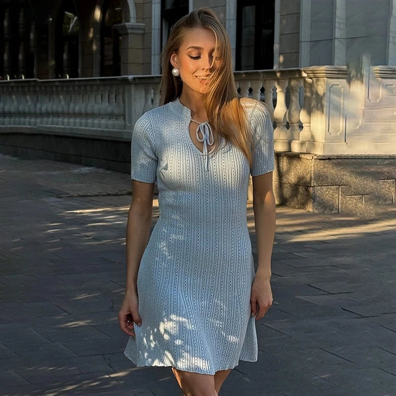 Solid Stand Collar Short Sleeve Slim Fit A-Line Knit Dress – Natural Waist, Summer | Short & Long