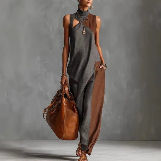 Women's Bohemian Color Block Maxi Dress | Summer Beach Vest Type High Neck Long Dress | Loose Casual Halter Cutout Sundress | Premium Tatting Slight Stretch Ankle-Length Robe with Pockets Model P875225553942786048 Luxegan