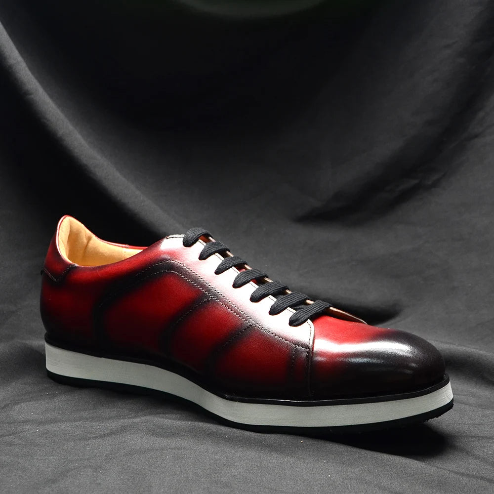 Men's Casual Dress Sneakers | Genuine Leather Hand-Painted Derby Skateboard Shoes (Black, Red) Luxegan