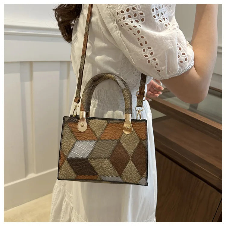 Fashion Patchwork PU Leather Top-Handle Bag | Trendy Square Design Ladies Handbag | Casual Daily Crossbody Shoulder Bag | Designer Applique Satchel for Women (Model E553) Luxegan