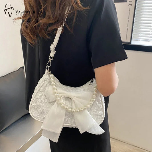 White Folds Pop Retro Bow Bag | Female Pearl Handle New Fashion Pearl Armpit Shoulder & Crossbody Bag Luxegan