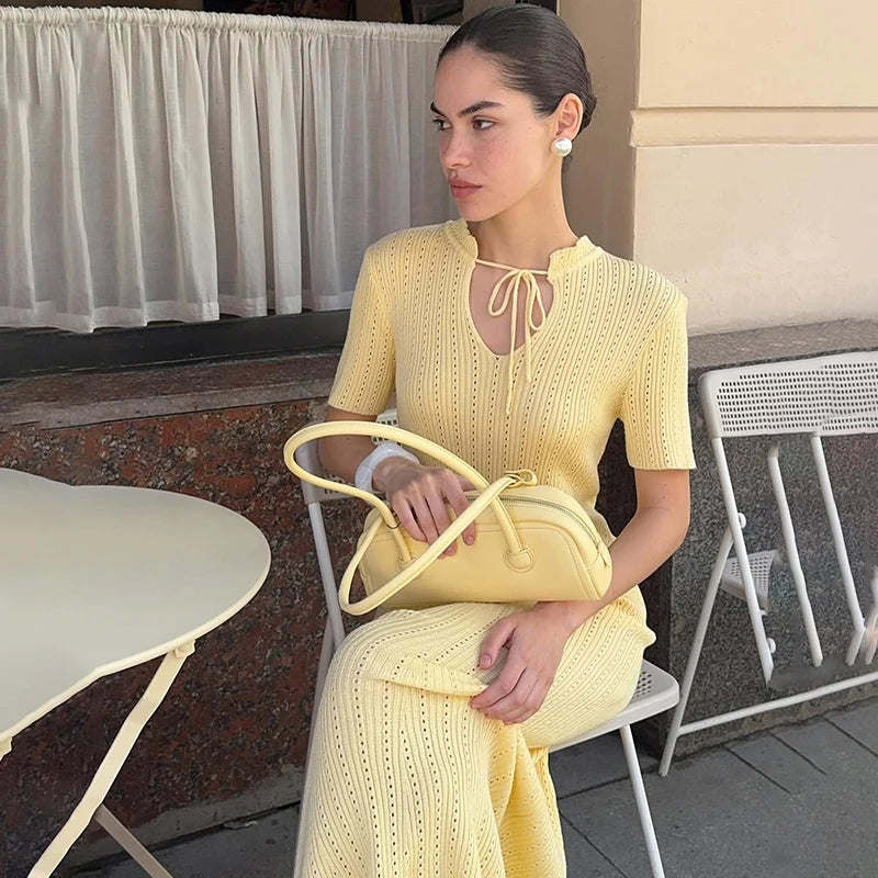 Solid Stand Collar Short Sleeve Slim Fit A-Line Knit Dress – Natural Waist, Summer | Short & Long